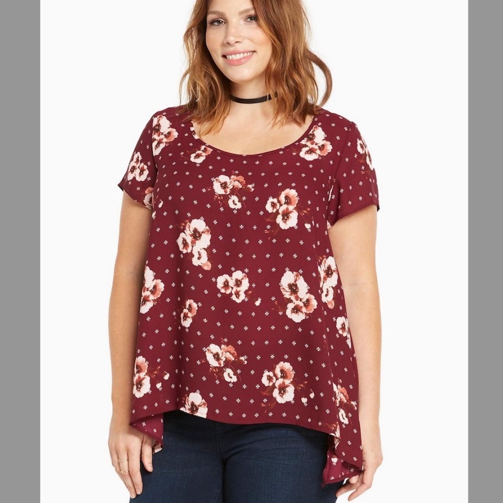 Torrid Burgundy Floral Georgette Sharkbite Blouse Top